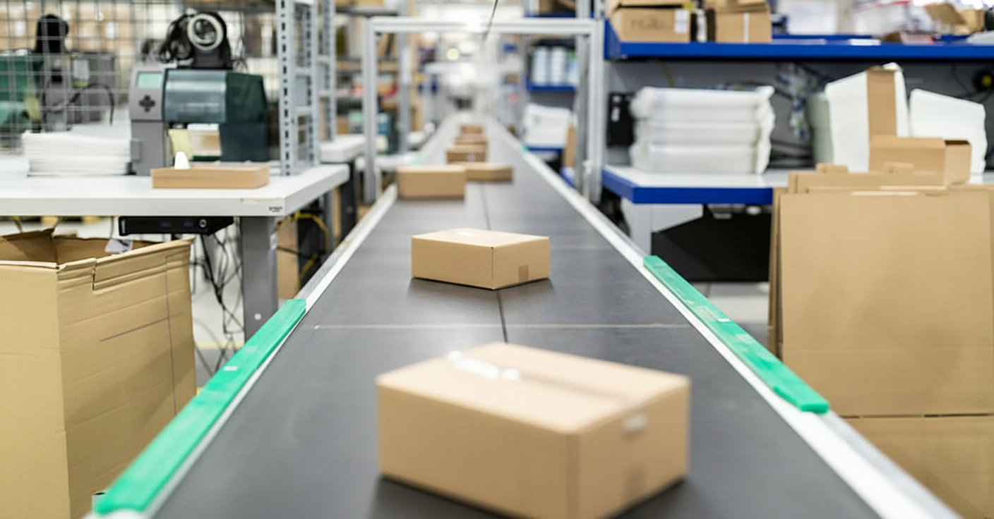 Cardboard boxes moving along a conveyor belt inside a specialty manufacturing facility for sale in Minnesota